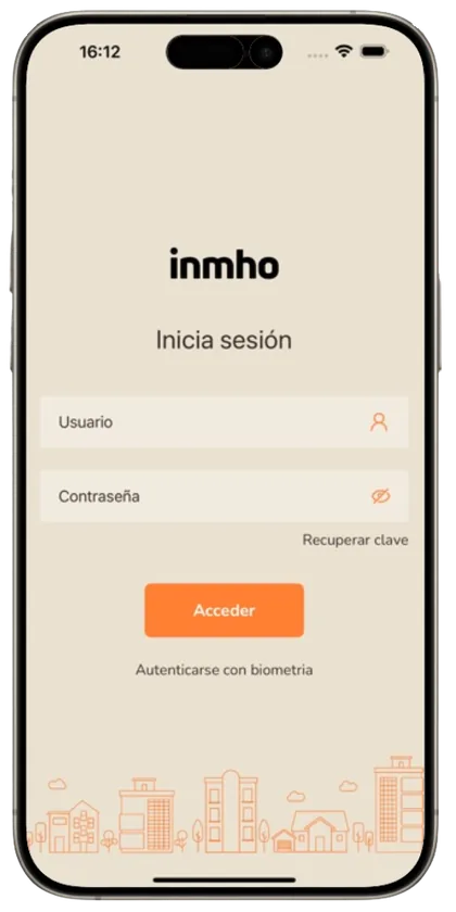 Pantalla de inicio de sesión de la app inmho en un móvil